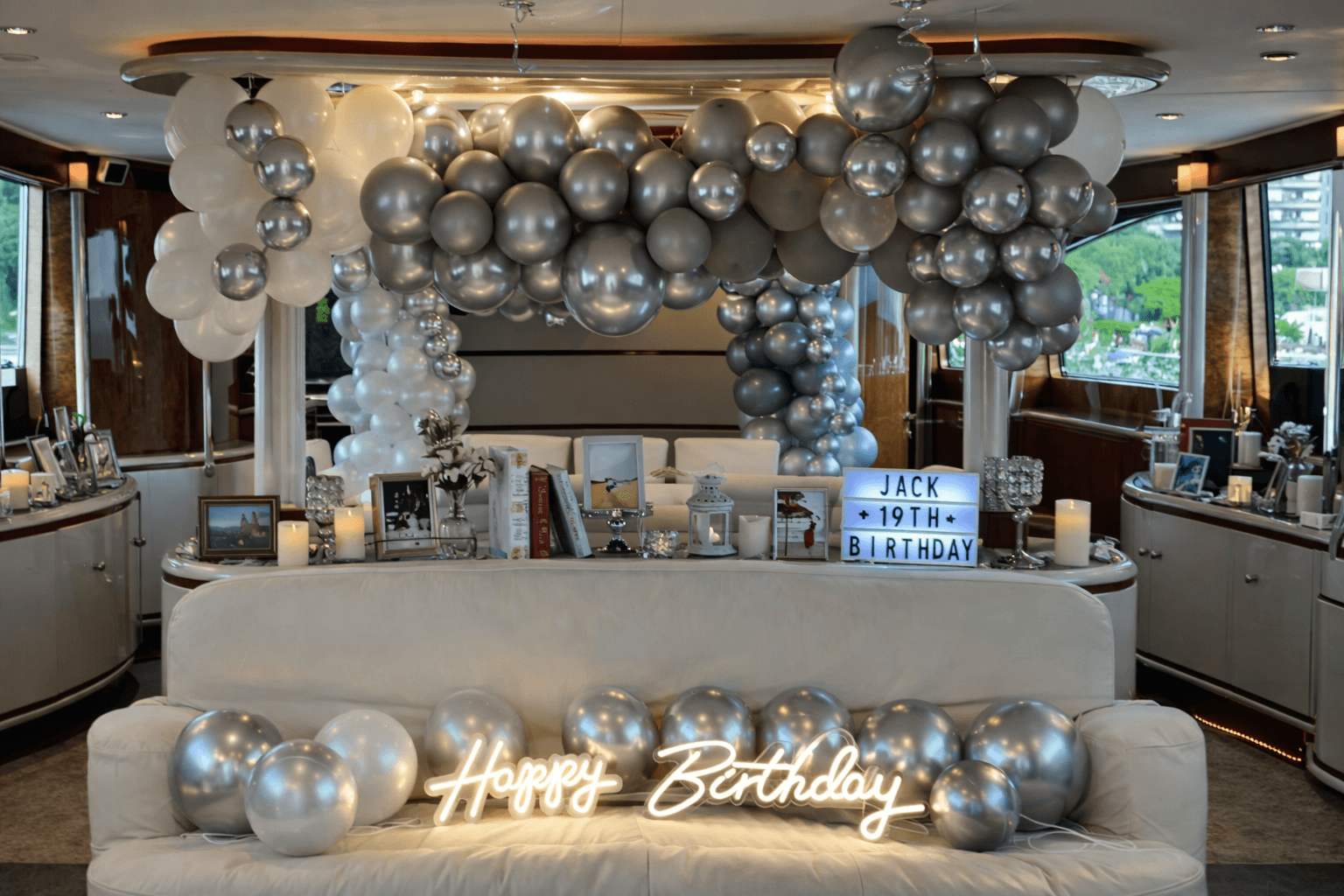 Decorated yacht with gold and white balloons in Miami