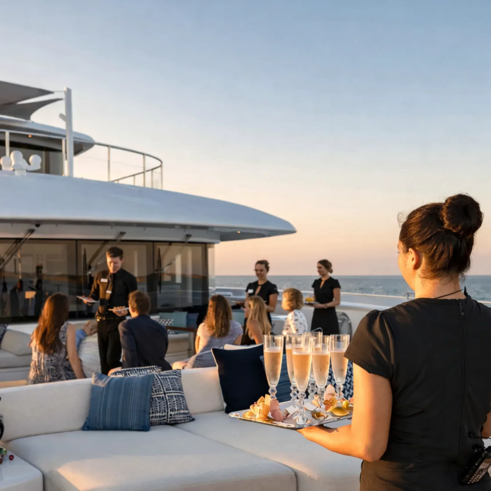 Champagne service for client entertainment on a corporate yacht in Miami