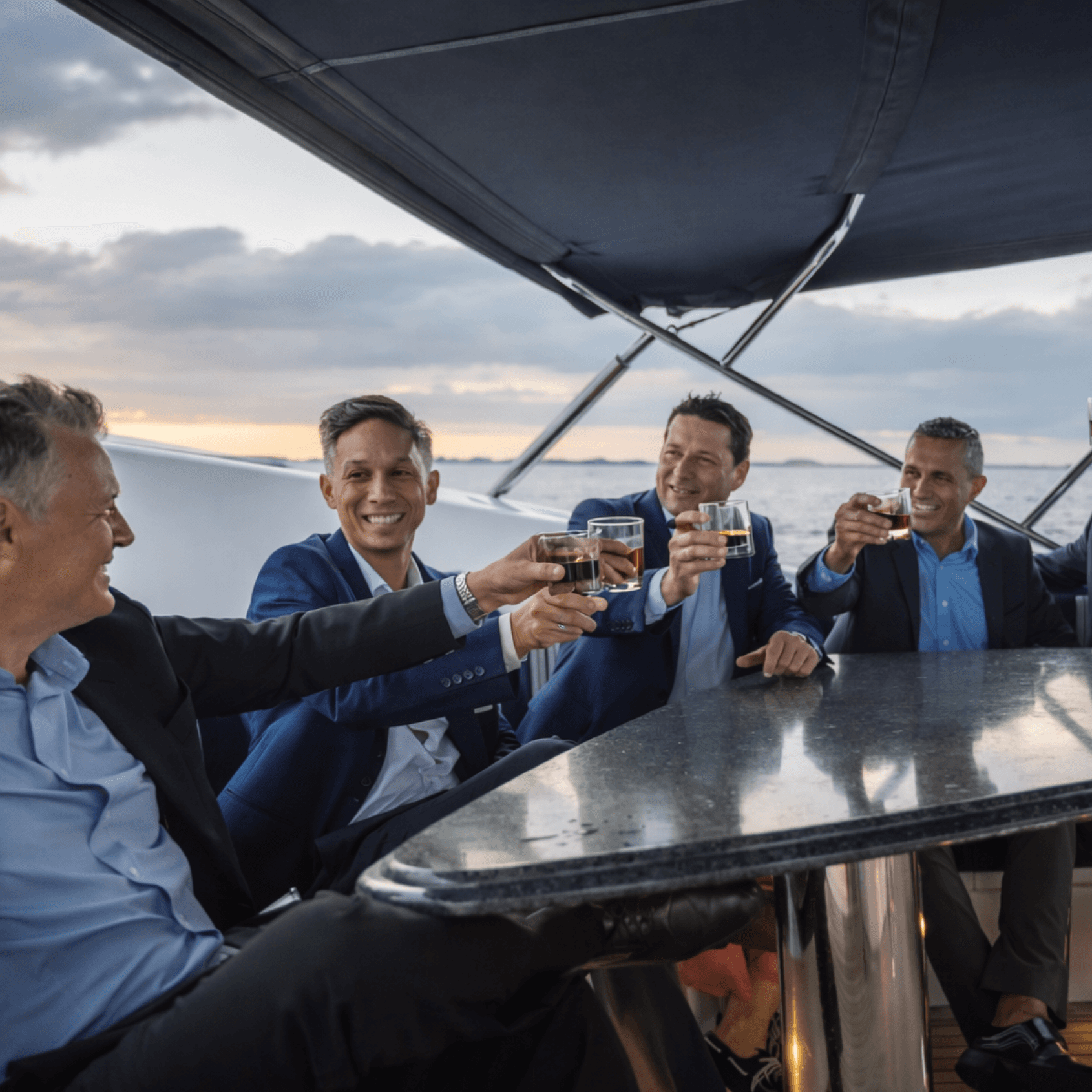 Business professionals toasting on yacht