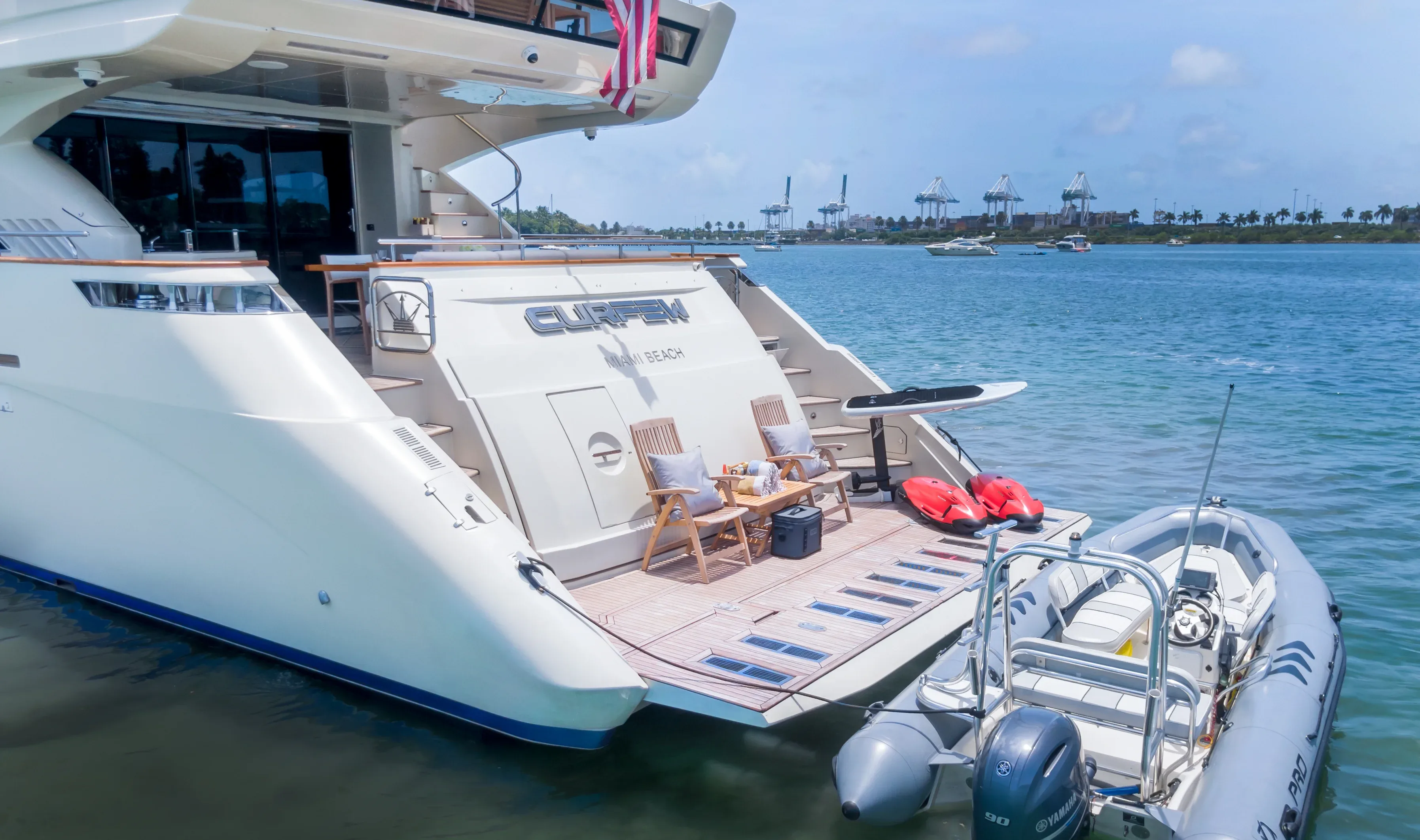 Miami River yacht charter on Biscayne Bay with the downtown Miami skyline