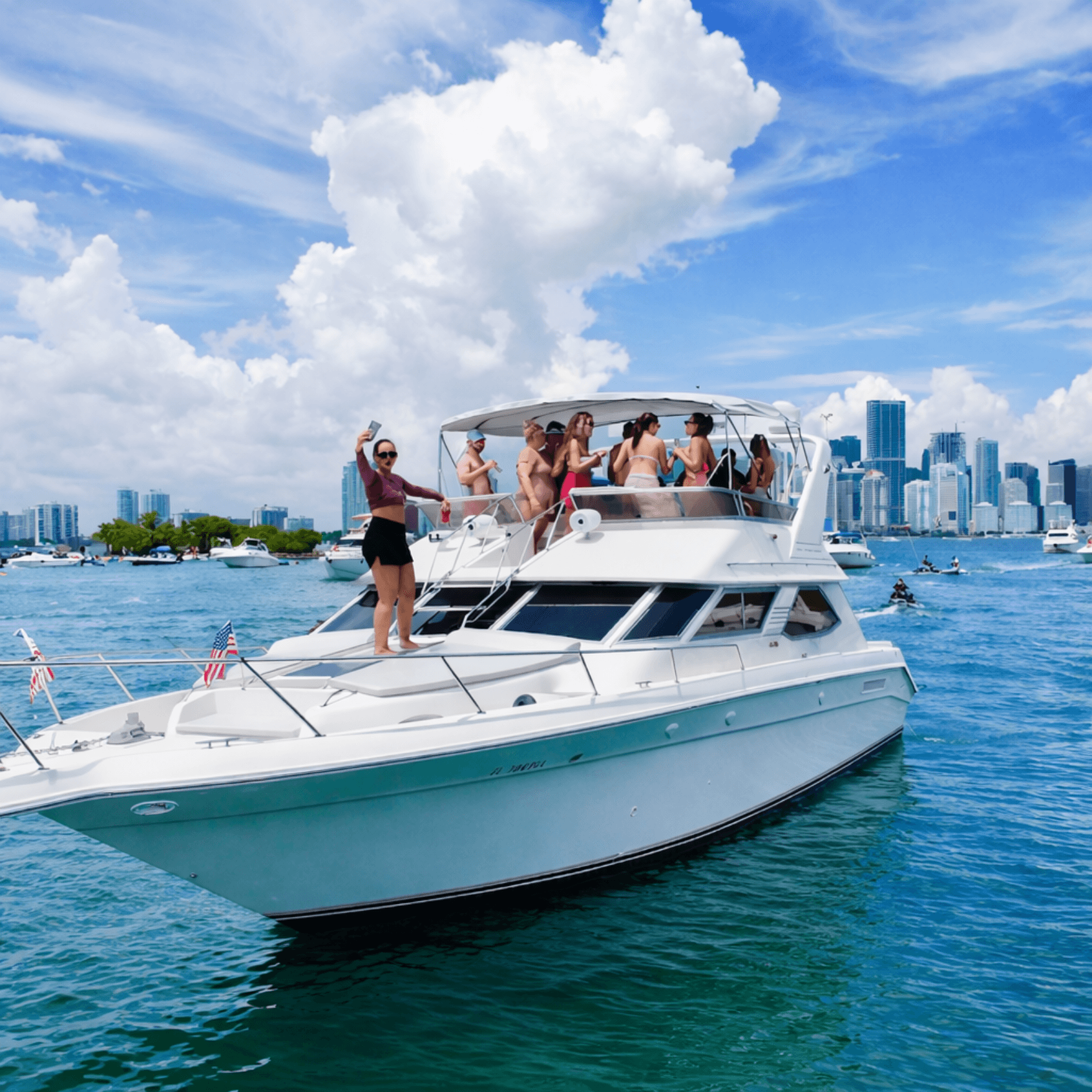 Friends on yacht with Miami skyline