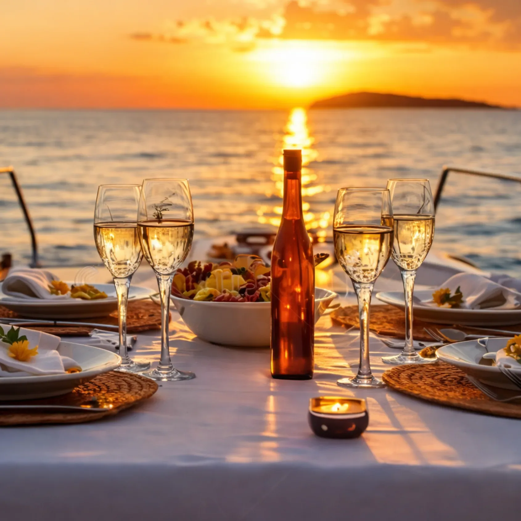 Elegant sunset dinner setup on a romantic yacht in Miami
