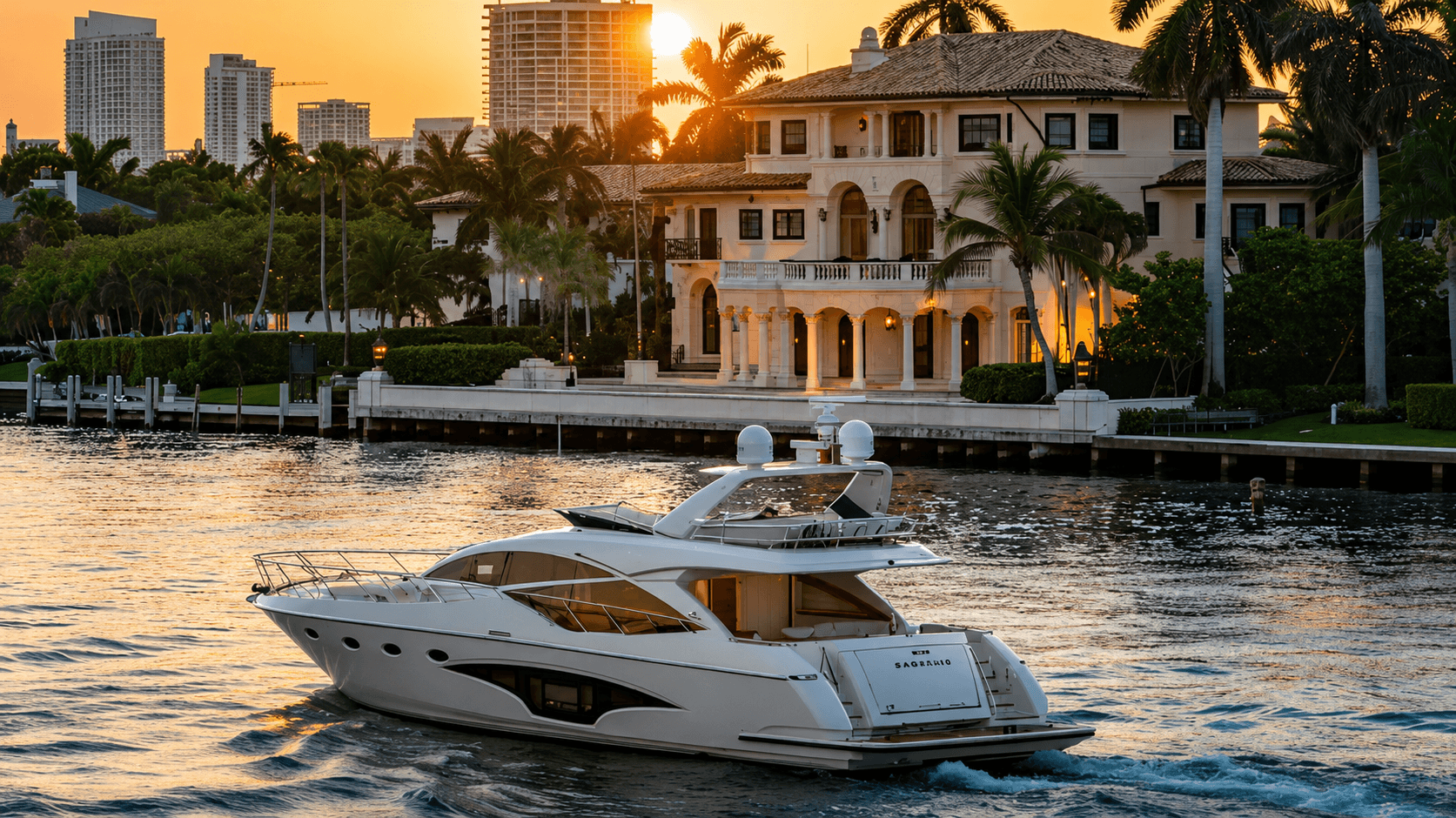 Sunrise yacht cruise Miami, golden hour on Biscayne Bay with the Miami skyline