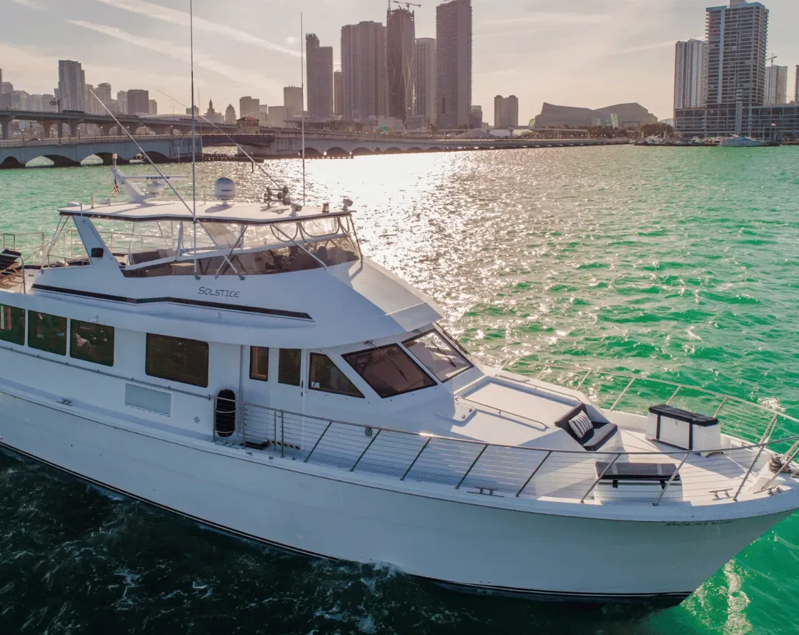 Commercial vessel for large yacht rental miami 20 people with skyline