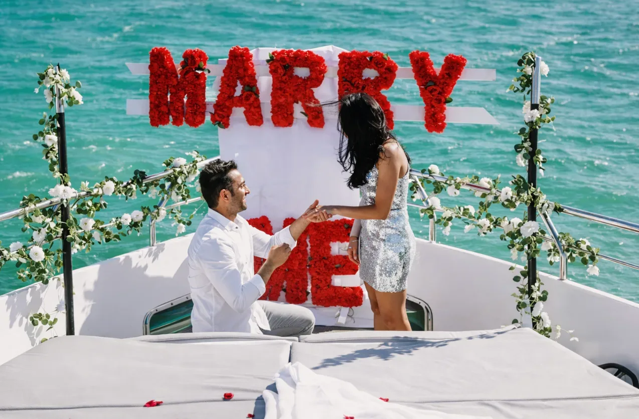 Proposal on a private yacht in Miami with marry me sign and flowers
